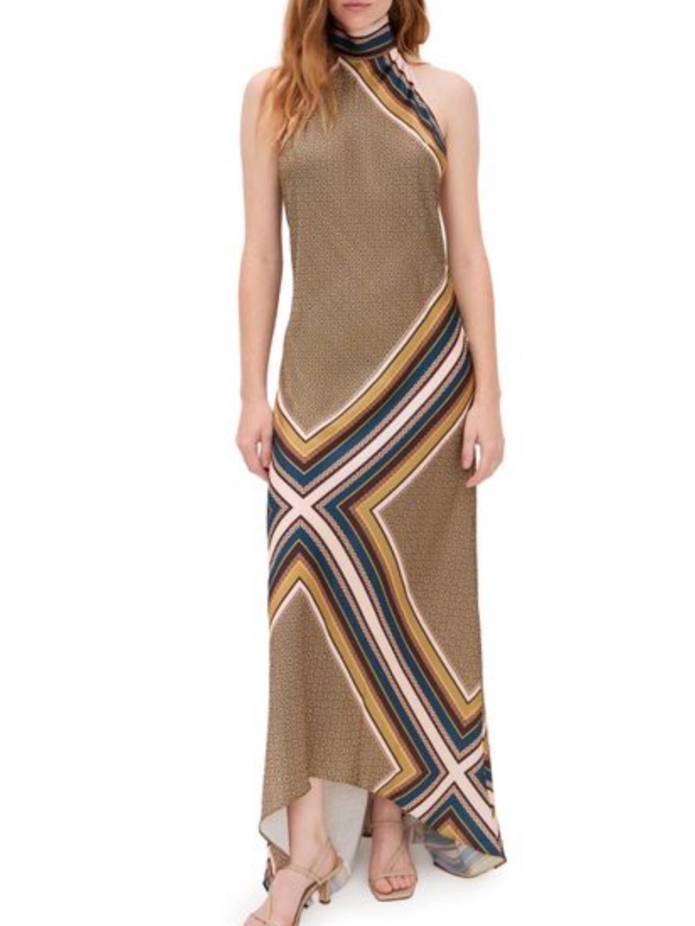 Misa Minerva Halter Maxi Dress in Taupe Geo Stripe